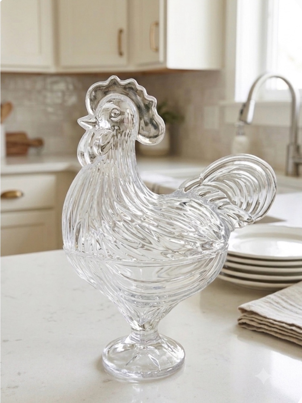 Vintage Clear Glass Two Piece Rooster Covered Dish